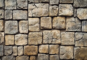 Obraz premium Wall made of light-colored irregular rectangular stone blocks.