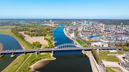 Aerial from the historical city Arnhem at the river IJssel in the Netherlands