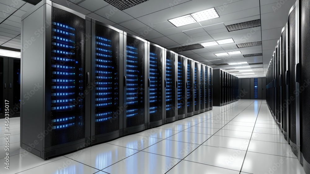 Poster 3d rendering of a modern data center with clean white floors and glowing blue server racks, ideal fo