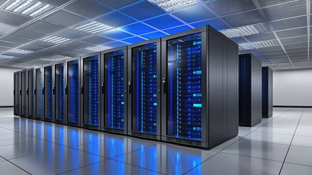 3D render of a secure server room with blue-lit racks and white tile floors, ideal for cloud services, network infrastructure ads, cybersecurity, and IT architecture visuals