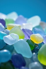 Smooth, colorful sea glass pieces in various pastel shades against a blue background