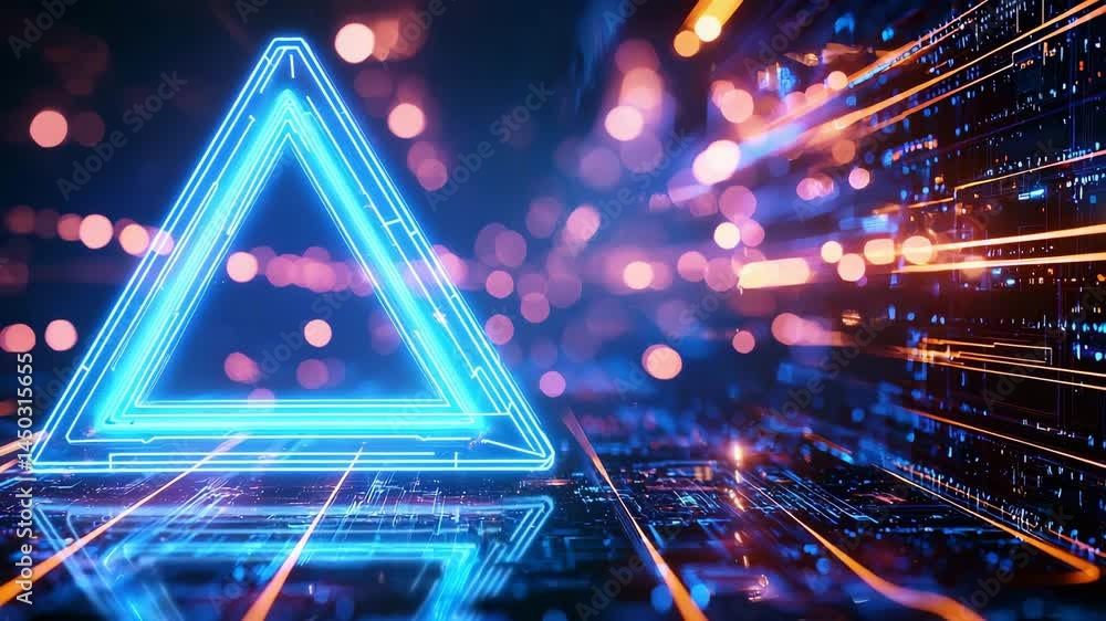 Poster neon triangle with glowing lines in a futuristic digital space