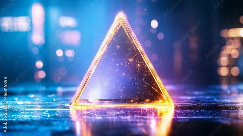 Poster glowing triangle shape on reflective surface with sparkling lights