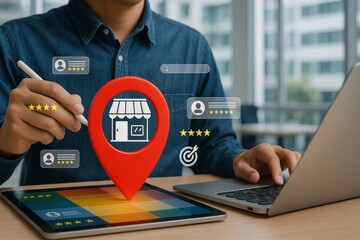 Online Business Location Marketing Strategy Digital Tablet Laptop Customer Reviews Star Ratings Excellent Service Professional Branding Modern Technology Growth Success Businessman Working Remotely   
