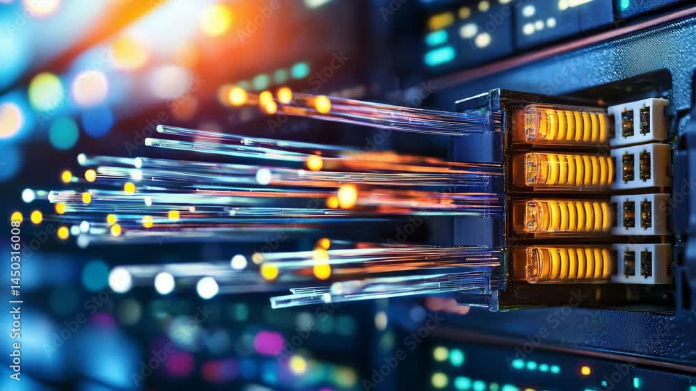 Poster dynamic fiber optic connections illuminated in technological setting
