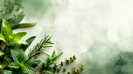 Lush green herbs and plants in a misty, natural setting with a serene atmosphere