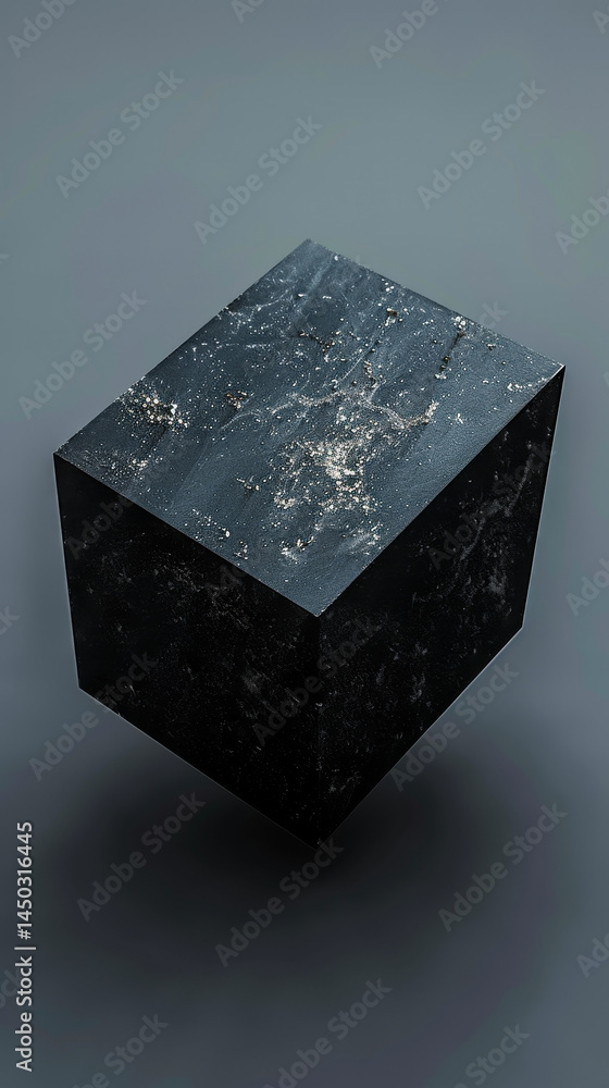 Poster minimalist black cube on gray background, floating geometric shape, modern abstract design concept f
