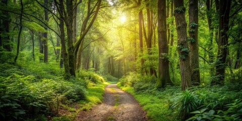 Obraz premium Serene forest trail winding through dense foliage, atmosphere, scenery, atmosphere, scenery, woods