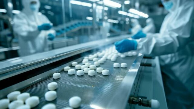 An image shows workers in full protective gear overseeing production of pills. The pills, round , white, are on conveyor belt, part of automated manufacturing process in sterile environment.