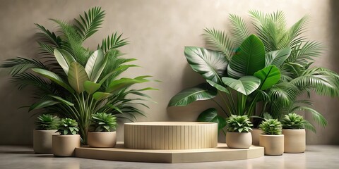 A natural podium with a lush tropical leaf arrangement in shades of green and tan colors, creating a sense of organic elegance and sophistication , foliage decor, outdoor setting