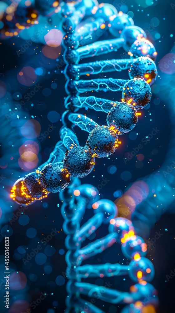 Poster close-up view of blue dna helix with chromosome details and molecular structure under microscope, ma