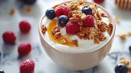 Yogurt bowl with granola, raspberries, blueberries, honey on marble surface.