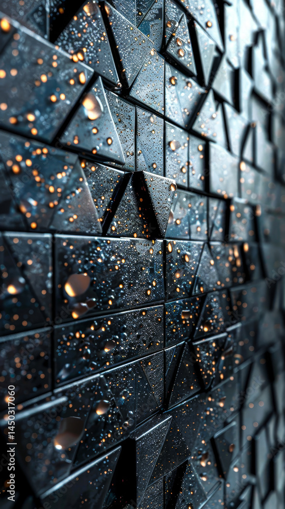 Poster polished 3d mosaic tiles wall with black triangular semigloss bricks creating a textured and modern 