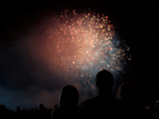 Silhouetted family watching colorful fireworks display at night