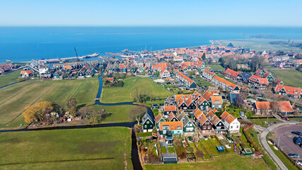 Aerial panorama from the historical town Marken at the IJsselmeer in the Netherlands