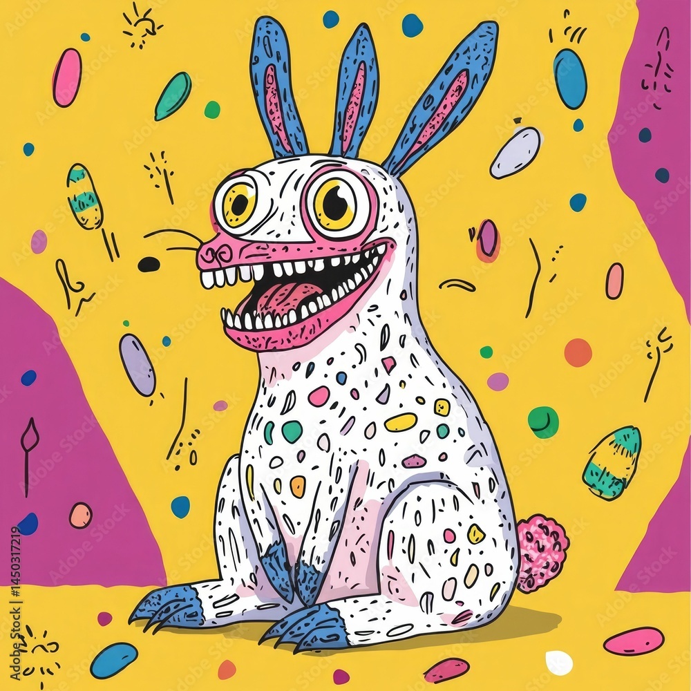 Poster whimsical and vibrant digital of an enchanting creature that appears to be a hybrid between a rabbit