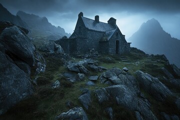 Obraz premium Misty mountaintop cottage, surrounded by rocks and shrouded in twilight. A lonely, weathered stone house sits atop a craggy hillside under a moody sky, with large rocks and muted tones