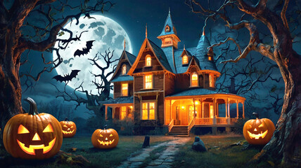 halloween background with pumpkin and bats