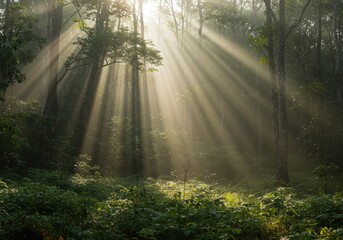 Obraz premium Misty Forest Sunbeams Forest Conservation Ambience