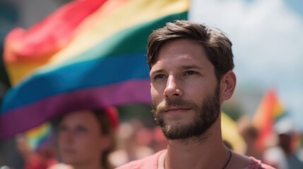 Thoughtful person stands in front of rainbow flag at pride parade