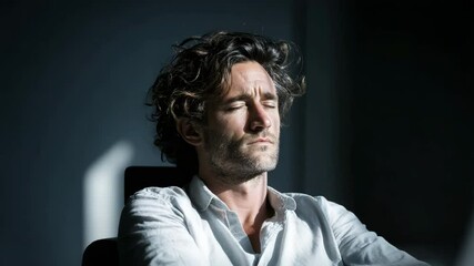 A man sits back in his workplace chair, thinking or relaxing, his eyes closed.