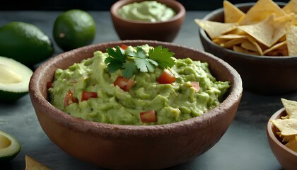 A bowl of guacamole in a rustic ceramic bowl, surrounded by tortilla chips.