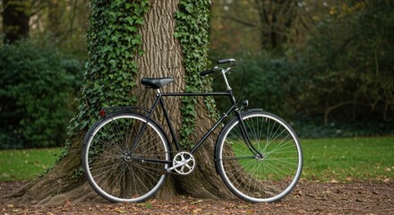 Fototapeta premium Bicycle Leaning on Ivy Covered Tree Sustainable Transport