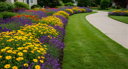 Obraz premium Pathway Bordered By Vibrant Blossoms In A Serene Garden Landscape