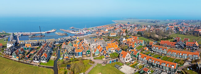 Aerial panorama from the historical town Marken at the IJsselmeer in the Netherlands
