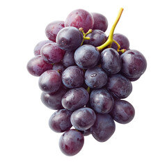 Cluster of plump, purplish-red grapes with glistening water droplets, attached to a stem, on a plain black background