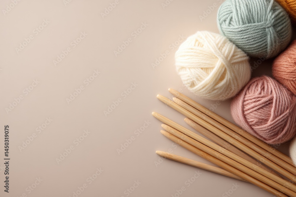 Poster minimalistic flat lay composition featuring collection of knitting yarns and crochet hooks neatly ar