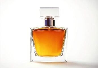 Square glass perfume bottle with amber liquid and transparent rectangular cap on light background.