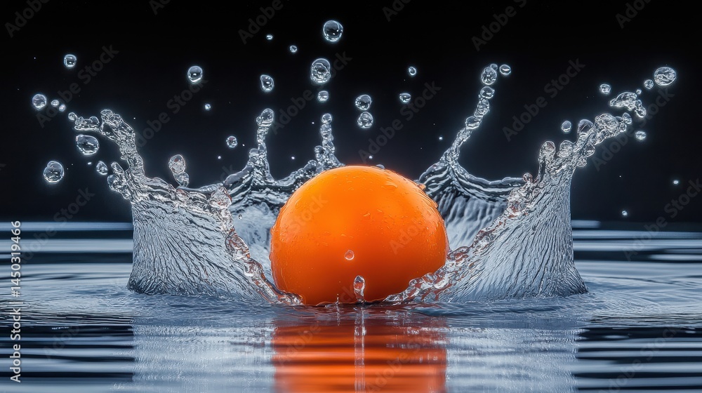 Poster dynamic splash of an orange in water close-up photography calm environment high-speed action