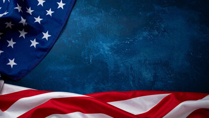 Illustration of United States flag on the dark blue background and copy space