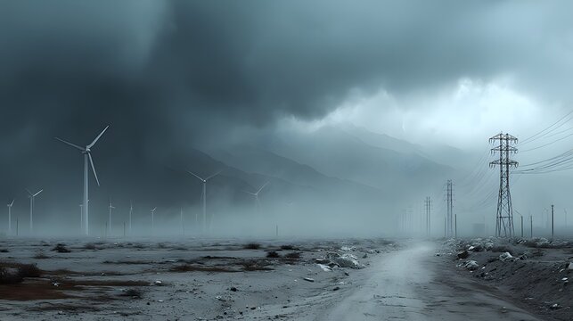 Windr&auml;der im Nebel einer verw&uuml;steten Zukunftslandschaft mit Strommasten
