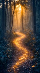 Obraz premium Sunlit path winding through a misty forest