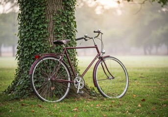 Fototapeta premium Bicycle Leaning on Ivy Covered Tree Sustainable Transport