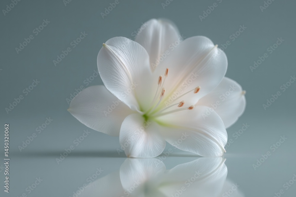 Poster minimalistic image of single white lily reflected in perfectly polished mirror set horizontally