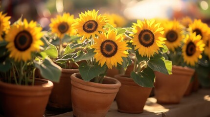 Obraz premium Row of terracotta pots holding sunflowers in sunlight.