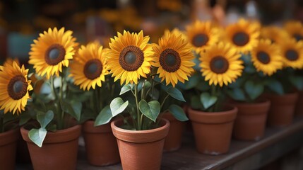 Obraz premium A display of vibrant sunflowers in terracotta pots.