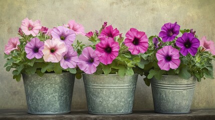 Three vintage metal planters with vibrant flowers.