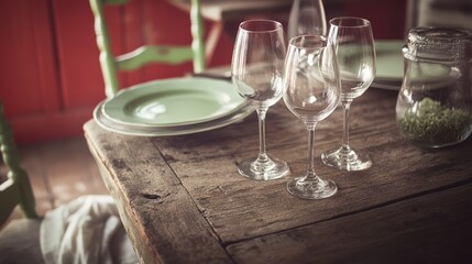 Elegant table setting with wine glasses rustic dining room photography cozy atmosphere close-up culinary experience