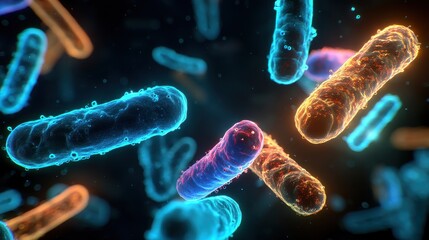 Microscopic Bacteria Cells Vividly Illuminated Glowing in Vibrant Colors