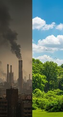 Polluted City vs Green Park Conceptual Split Image