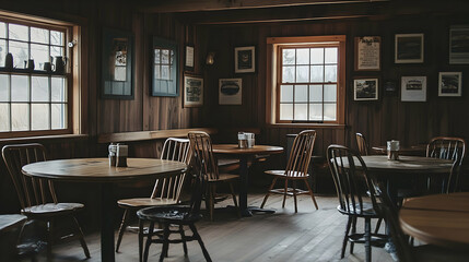 Obraz premium Inviting atmosphere of a quaint vintage restaurant with wooden furniture