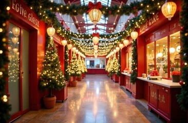 Festive christmas market with illuminated decor, garland, and holiday trees in red display stalls