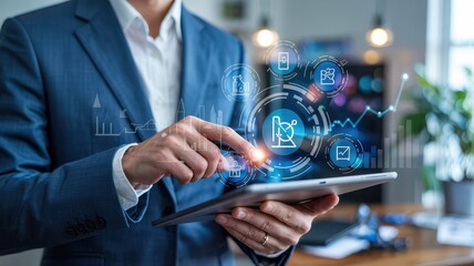 Businessman interacts with digital interface on tablet.