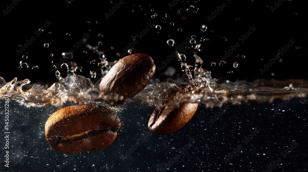 Fototapete two coffee beans falling into water, creating splashes and drops on a black background
