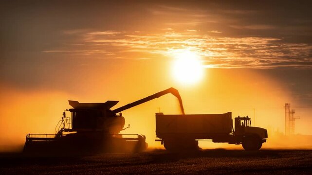 Harvest Harmony: A golden sun casts long shadows as a combine harvester transfers its bounty to a waiting truck, a serene tableau of agricultural efficiency and the beauty of nature.