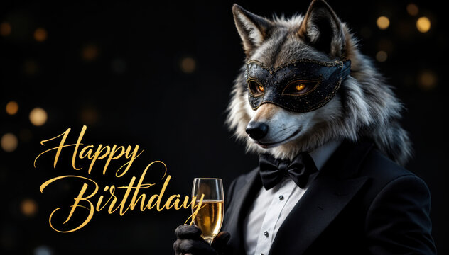 Sophisticated anthropomorphic wolf in tuxedo and masquerade mask holding champagne glass, classy birthday celebration theme

 - Powered by Adobe